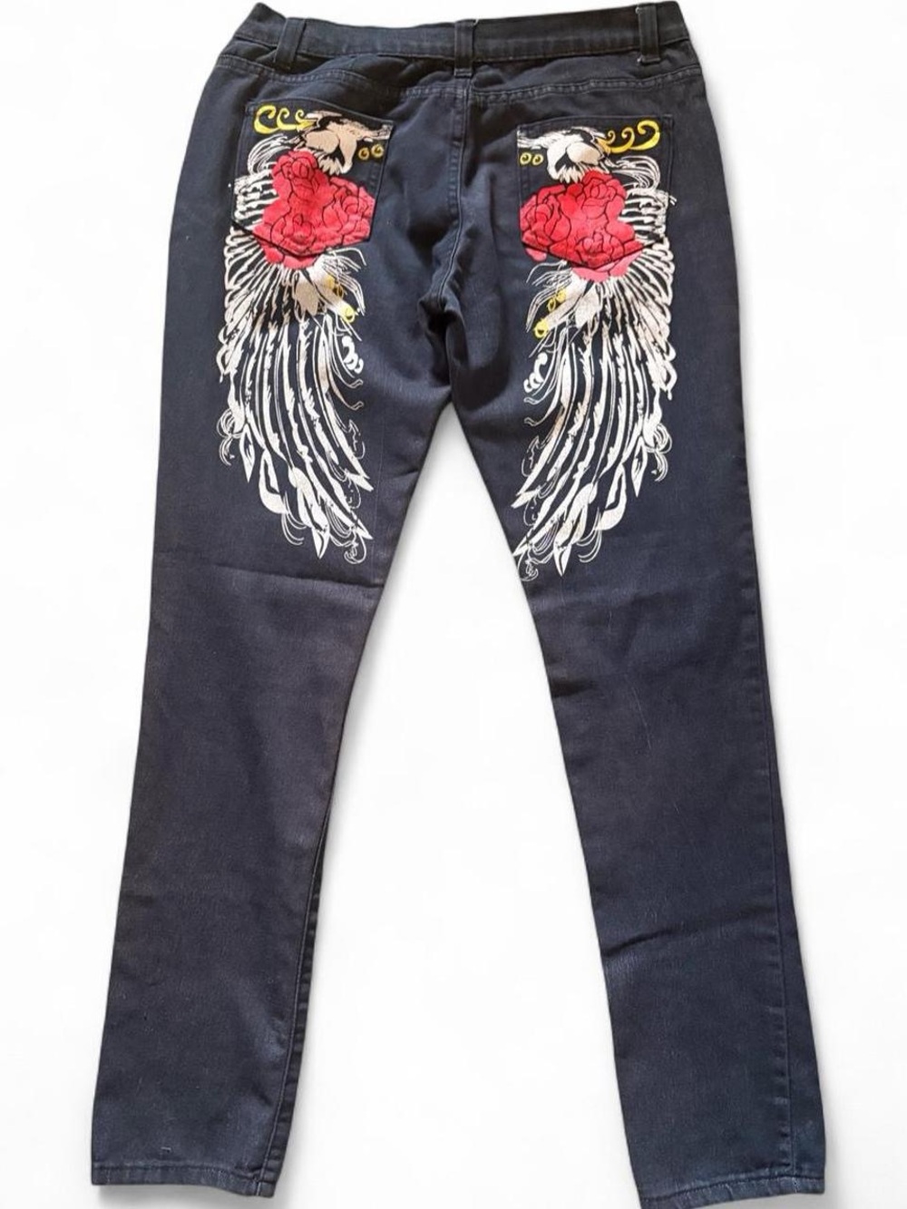 Black Wing & Red Rose Pocket Statement Jeans Y2K Cyber Goth Grunge Whimsigoth 🌹